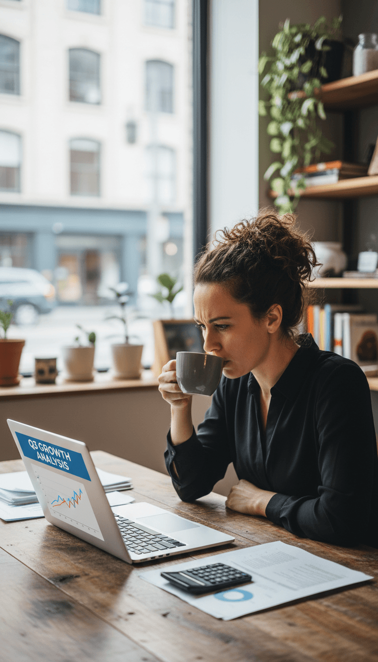 Business owner reviewing financial reports on laptop in modern office