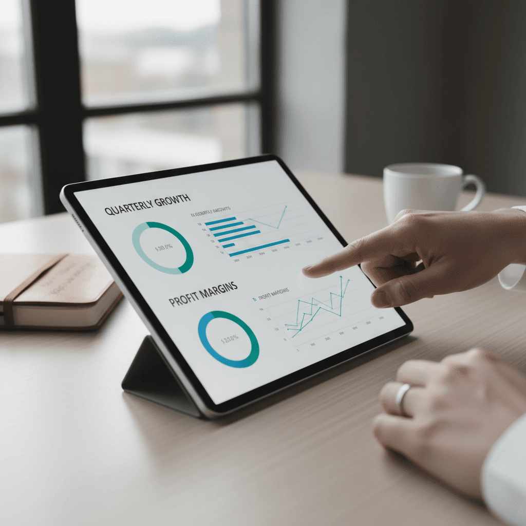 Business professional analyzing growth metrics on a digital screen