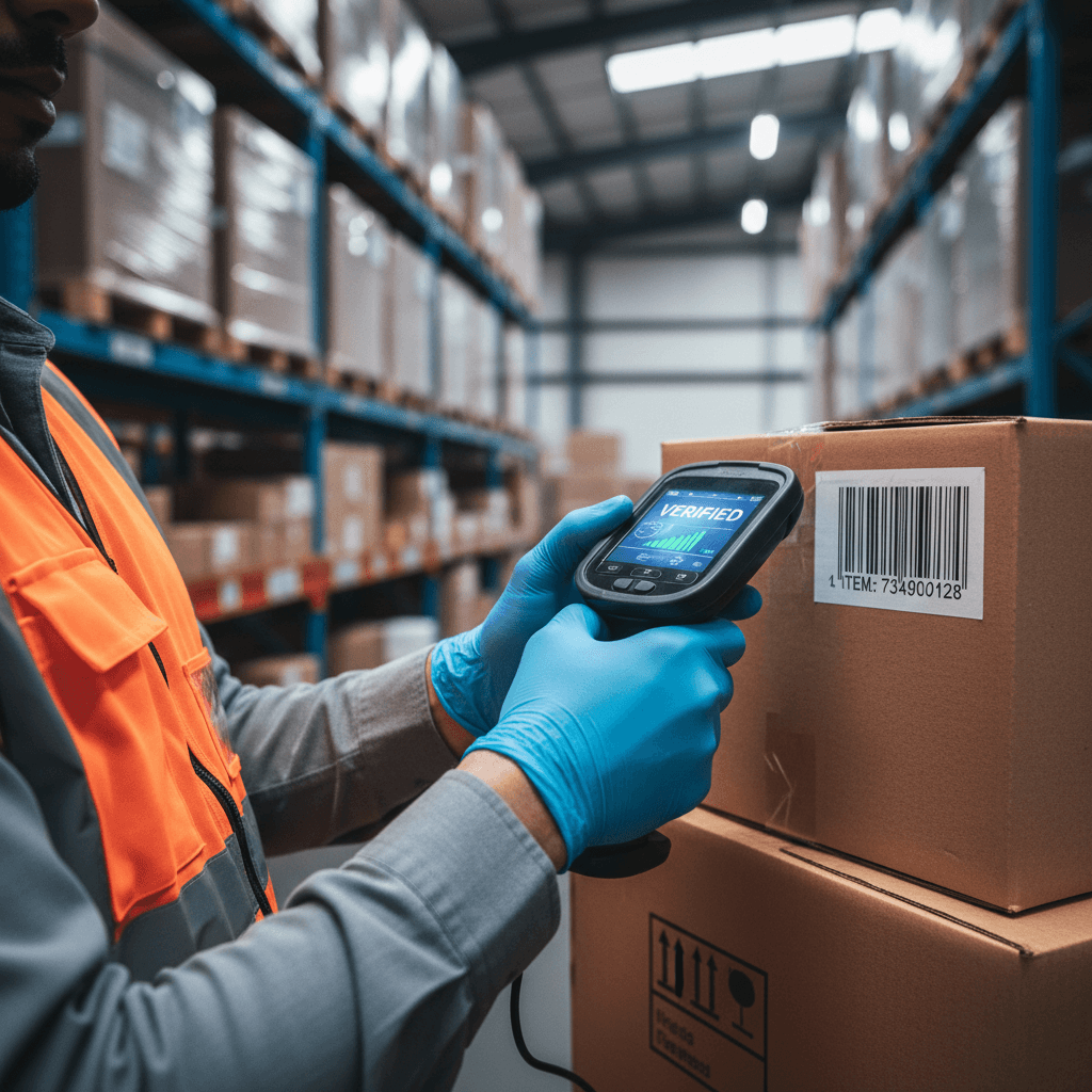 Warehouse worker's hands scanning barcode on cardboard box using handheld scanner device