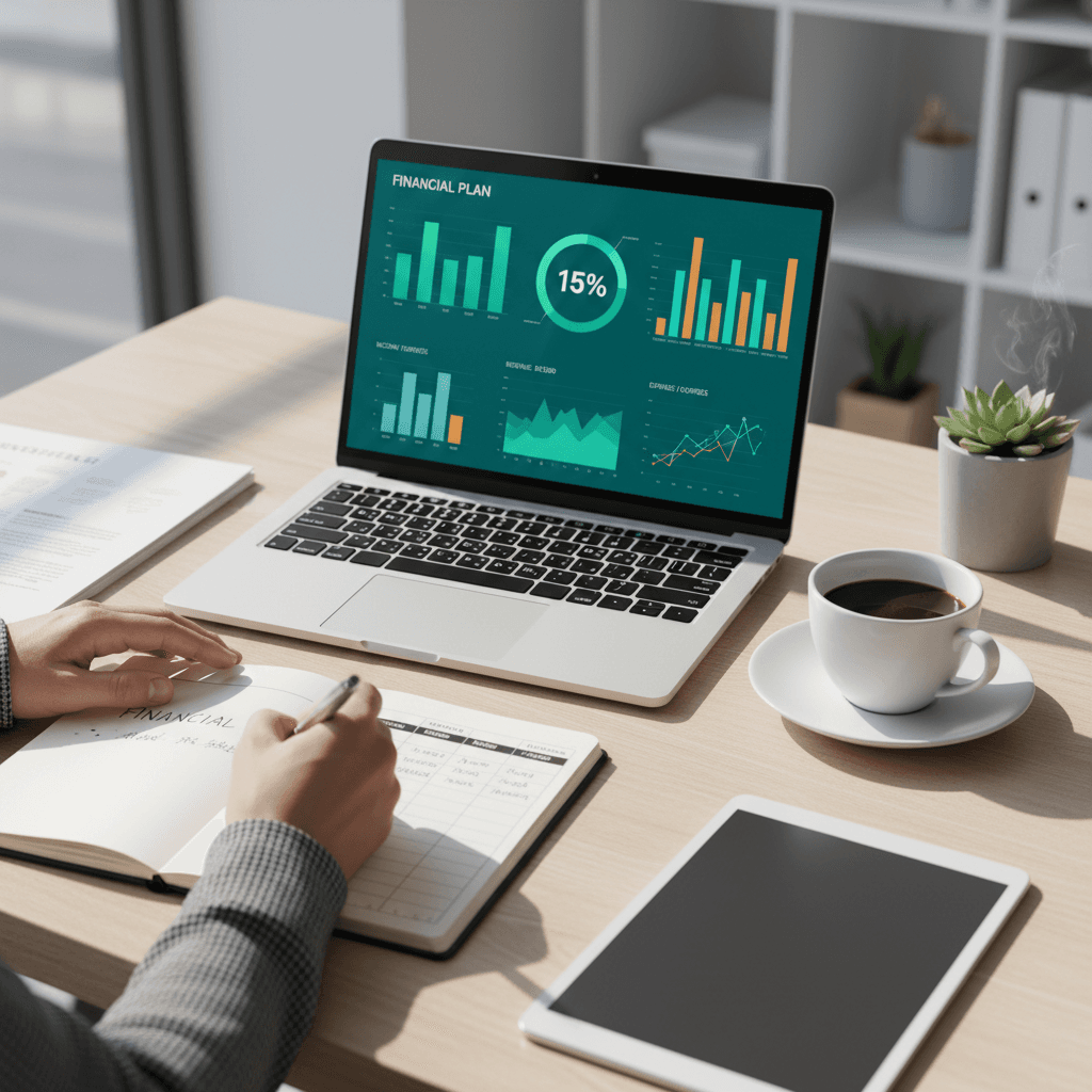 Small business owner reviewing financial reports on a laptop