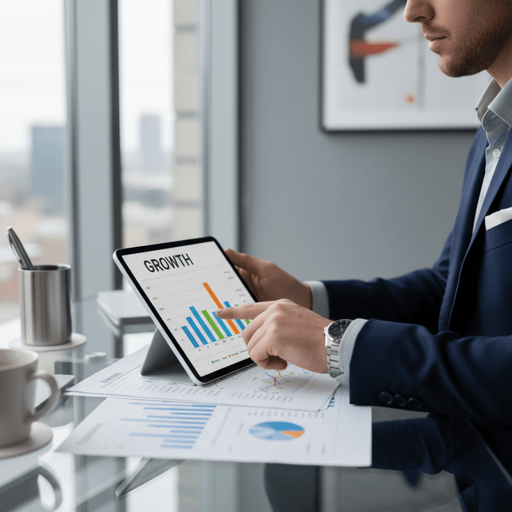 Consultant reviewing financial charts on a tablet