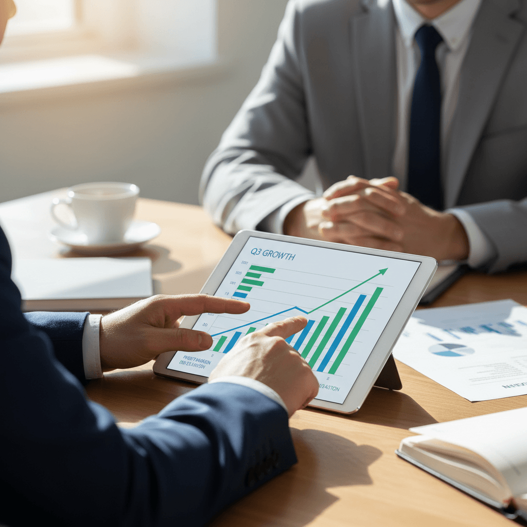 Consultant pointing at data charts during a strategy meeting with a client