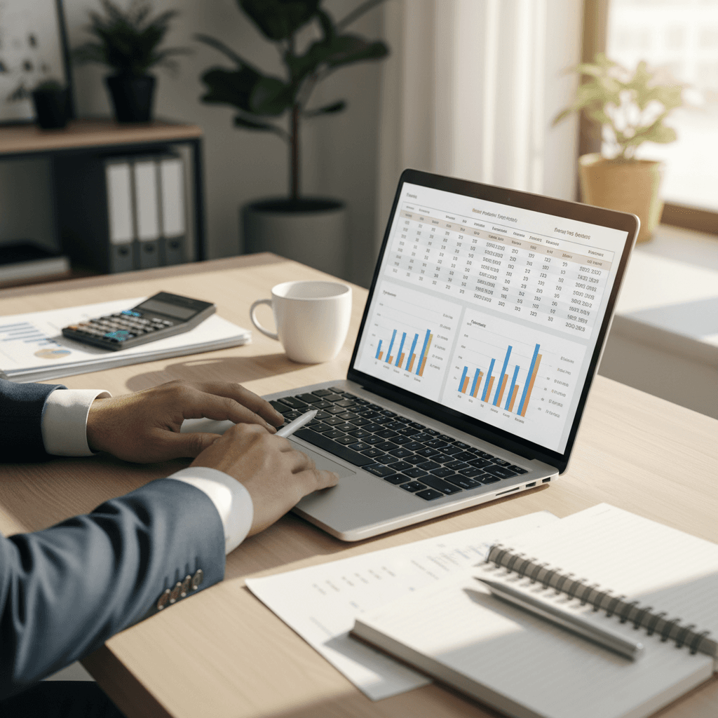 Business owner reviewing financial data on a laptop at a clean modern desk