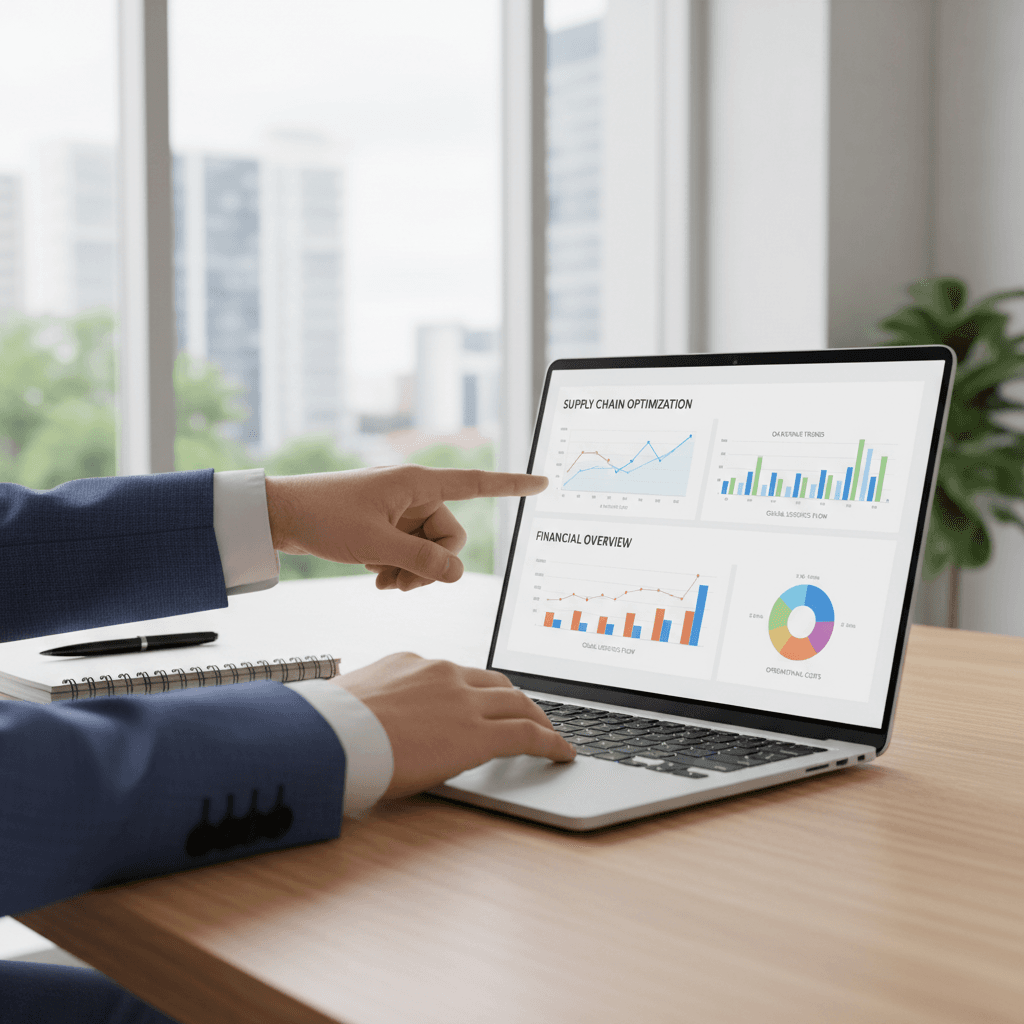Business consultant presenting operational analytics on a laptop